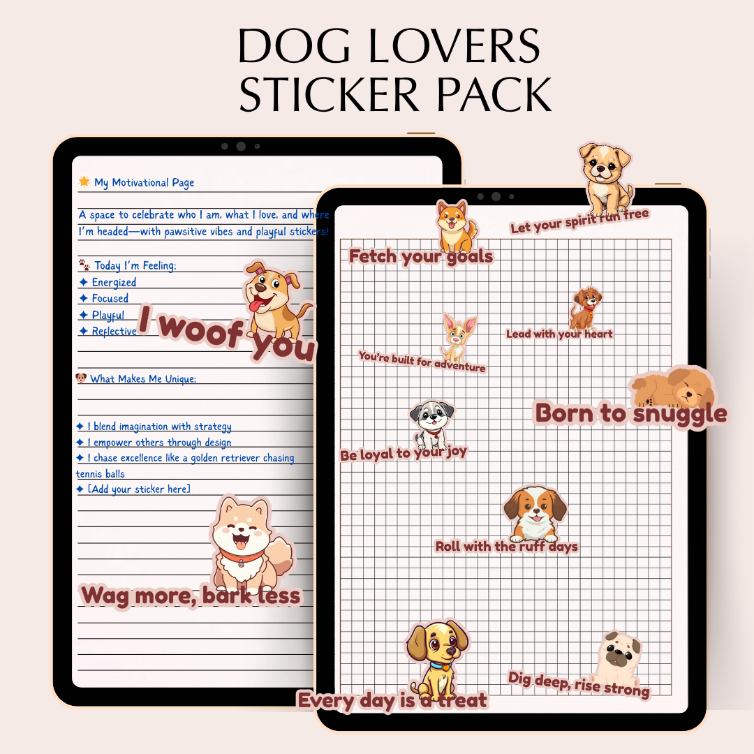 Two tablets displaying a 'Dog Lovers' sticker pack with motivational quotes and cartoon dogs.